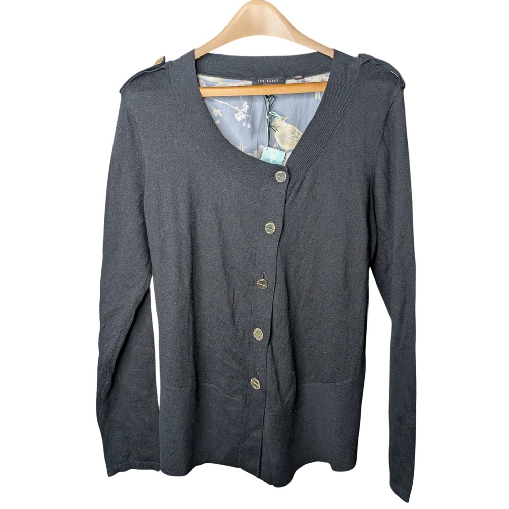 Ted Baker Birdie Branch Alica Cardigan Black Cashmere Blend Bird Print NWT Sz 4